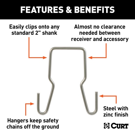 CURT Trailer Safety Chain Hanger Bracket on 2-Inch Hitch CURT safety chain hanger bracket clipped onto a 2-inch hitch shank, keeping trailer chains off the ground with durable steel construction.