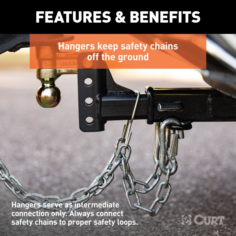 CURT Trailer Safety Chain Hanger Bracket on 2-Inch Hitch CURT safety chain hanger bracket clipped onto a 2-inch hitch shank, keeping trailer chains off the ground with durable steel construction.