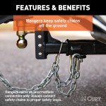 CURT Trailer Safety Chain Hanger Bracket on 2-Inch Hitch CURT safety chain hanger bracket clipped onto a 2-inch hitch shank, keeping trailer chains off the ground with durable steel construction.