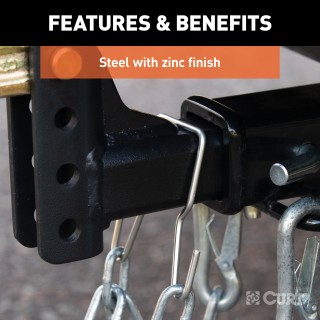 CURT Trailer Safety Chain Hanger Bracket on 2-Inch Hitch CURT safety chain hanger bracket clipped onto a 2-inch hitch shank, keeping trailer chains off the ground with durable steel construction.