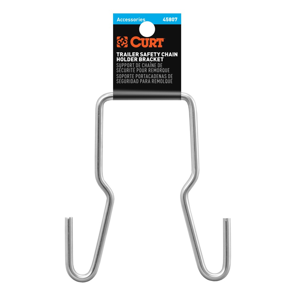CURT Trailer Safety Chain Hanger Bracket on 2-Inch Hitch CURT safety chain hanger bracket clipped onto a 2-inch hitch shank, keeping trailer chains off the ground with durable steel construction.