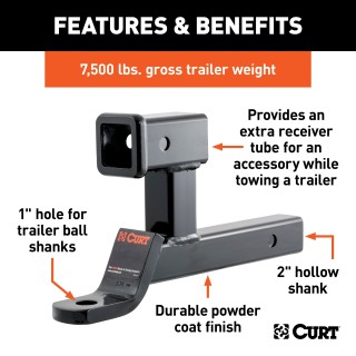 CURT Specialty Dual-Function Ball Mount, Fits 2-Inch Receiver CURT specialty ball mount with dual-function design for 2-inch receiver compatibility, gloss black finish.