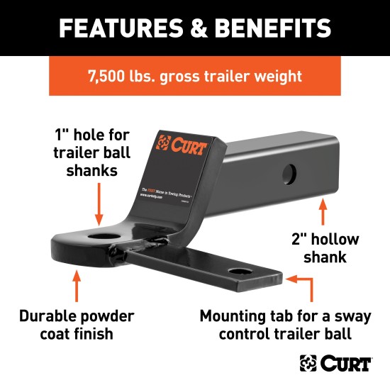 CURT Specialty Ball Mount with Sway Control Tab CURT ball mount with sway control tab for 2 inch hitch receivers, featuring gloss black powder coating.