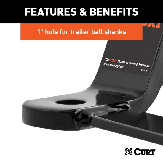 CURT Specialty Ball Mount with Sway Control Tab CURT ball mount with sway control tab for 2 inch hitch receivers, featuring gloss black powder coating.