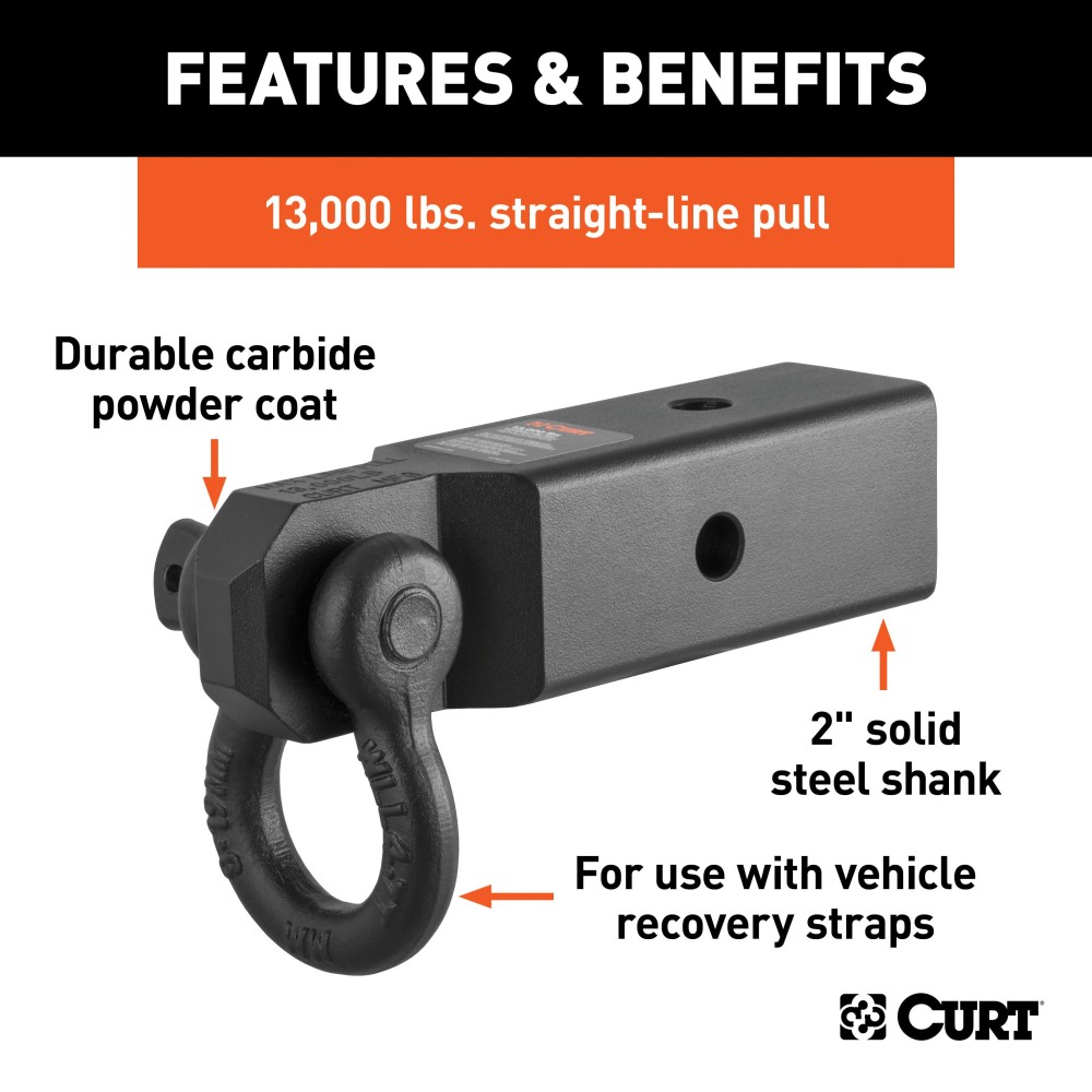 CURT D-ring Shackle Mount for Off-road Recovery - 13000 lbs CURT D-ring shackle mount with 13,000 lbs capacity on a truck hitch