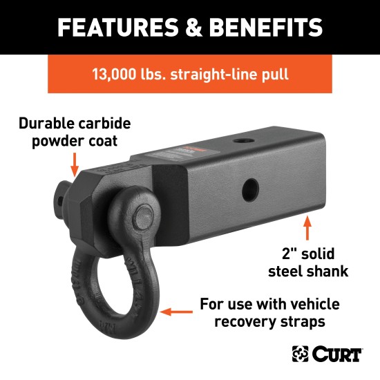 CURT D-ring Shackle Mount for Off-road Recovery - 13000 lbs CURT D-ring shackle mount with 13,000 lbs capacity on a truck hitch