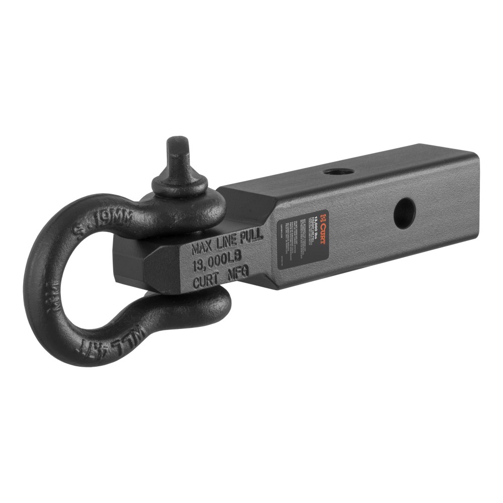 CURT D-ring Shackle Mount for 13000 lbs Capacity and Vehicle Recovery CURT D-ring shackle mount with steel shank for truck towing and recovery, rated 13000 lbs capacity, in black powder coat finish