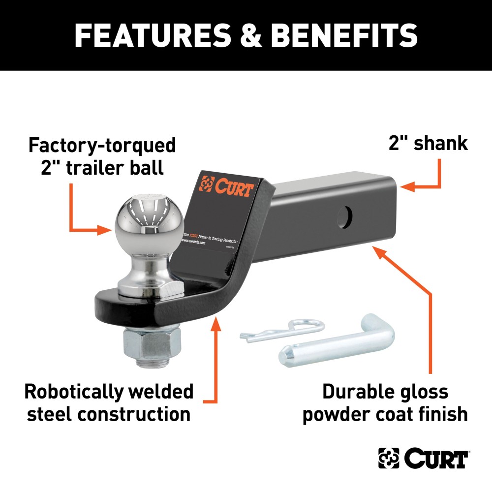 CURT Loaded Ball Mount with Factory-Torqued 2 Inch Trailer Ball CURT loaded ball mount with factory-torqued 2 inch trailer ball, black finish