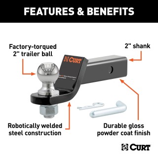 CURT Loaded Ball Mount with Factory-Torqued 2 Inch Trailer Ball CURT loaded ball mount with factory-torqued 2 inch trailer ball, black finish