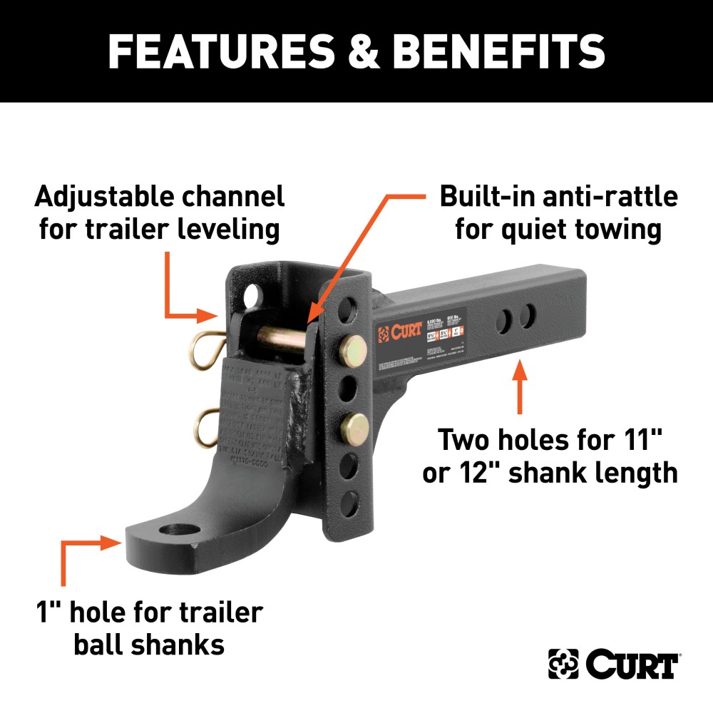 CURT Adjustable Ball Mount with Anti-Rattle and Durable Finish CURT adjustable ball mount with anti-rattle design and durable black finish.