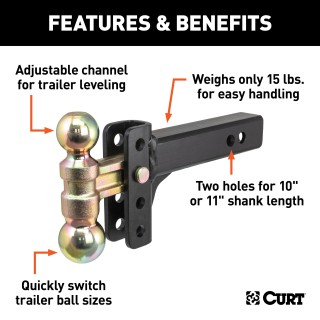 CURT Adjustable Ball Mount - 10,000 lbs Capacity with Dual Balls CURT adjustable ball mount with dual ball sizes, up to 10,000 lbs capacity, provides versatile towing solutions.