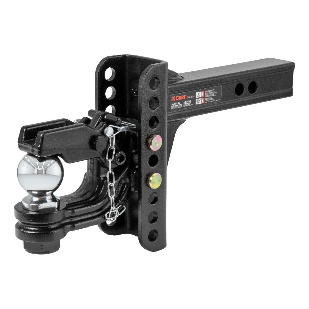 CURT Adjustable Channel-Style Ball Mount with Anti-Rattle Feature CURT adjustable ball mount with 2-inch shank and ball and pintle combo, featuring anti-rattle and rust-resistant finish.