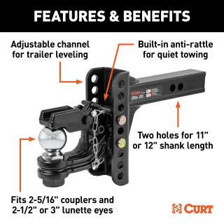 CURT Adjustable Channel-Style Ball Mount with Anti-Rattle Feature CURT adjustable ball mount with 2-inch shank and ball and pintle combo, featuring anti-rattle and rust-resistant finish.