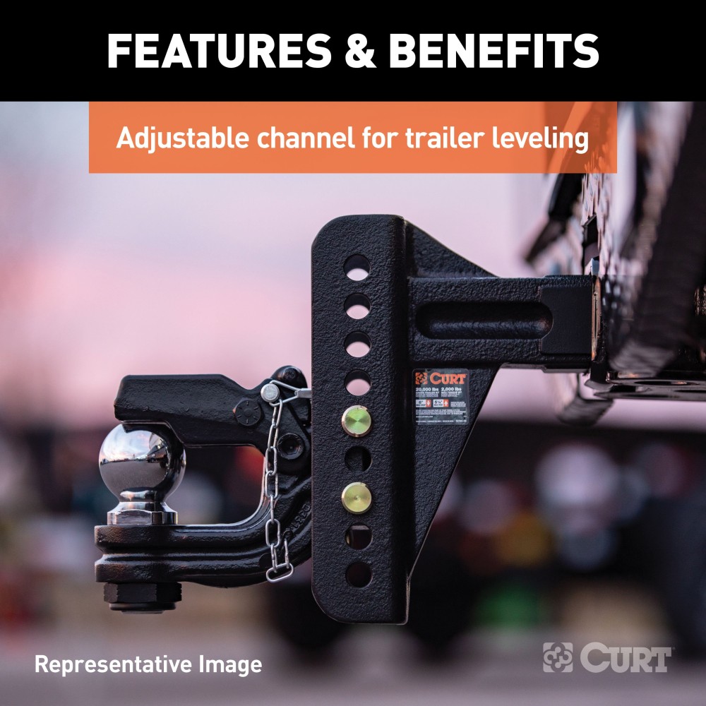 CURT Adjustable Channel-Style Ball Mount with Anti-Rattle Feature CURT adjustable ball mount with 2-inch shank and ball and pintle combo, featuring anti-rattle and rust-resistant finish.