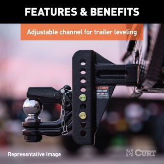 CURT Adjustable Channel-Style Ball Mount with Anti-Rattle Feature CURT adjustable ball mount with 2-inch shank and ball and pintle combo, featuring anti-rattle and rust-resistant finish.