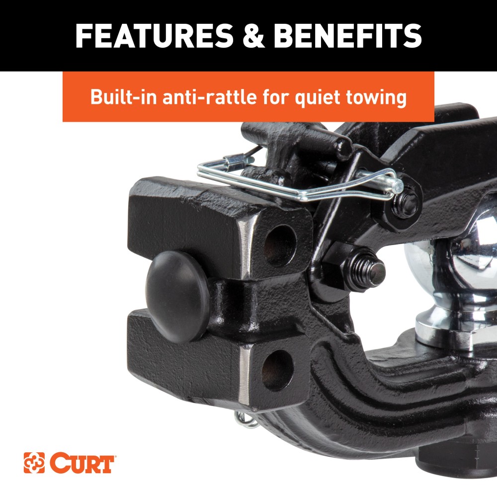 CURT Adjustable Channel-Style Ball Mount with Anti-Rattle Feature CURT adjustable ball mount with 2-inch shank and ball and pintle combo, featuring anti-rattle and rust-resistant finish.