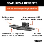CURT Adjustable Channel Mount Folding Hitch Step for Trucks CURT hitch step on truck offers versatile, folding design with durable steel construction for safe access to vehicle.