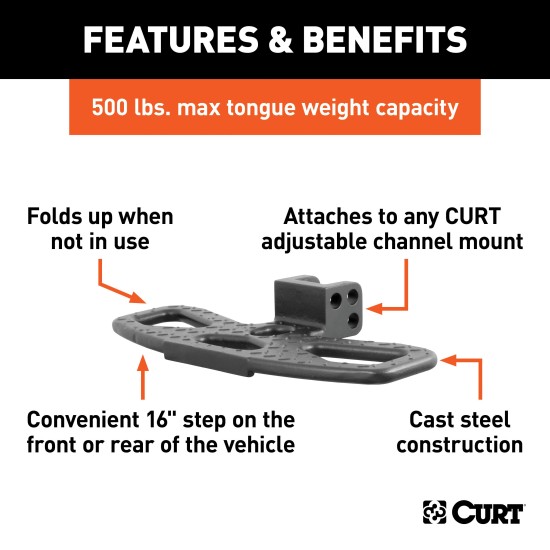 CURT Adjustable Channel Mount Folding Hitch Step for Trucks CURT hitch step on truck offers versatile, folding design with durable steel construction for safe access to vehicle.