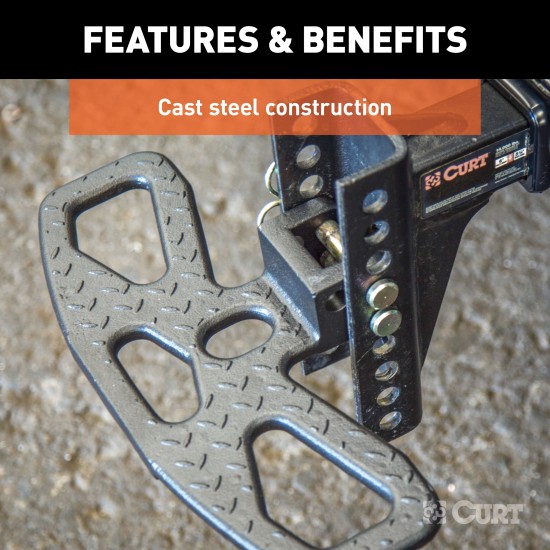 CURT Adjustable Channel Mount Folding Hitch Step for Trucks CURT hitch step on truck offers versatile, folding design with durable steel construction for safe access to vehicle.