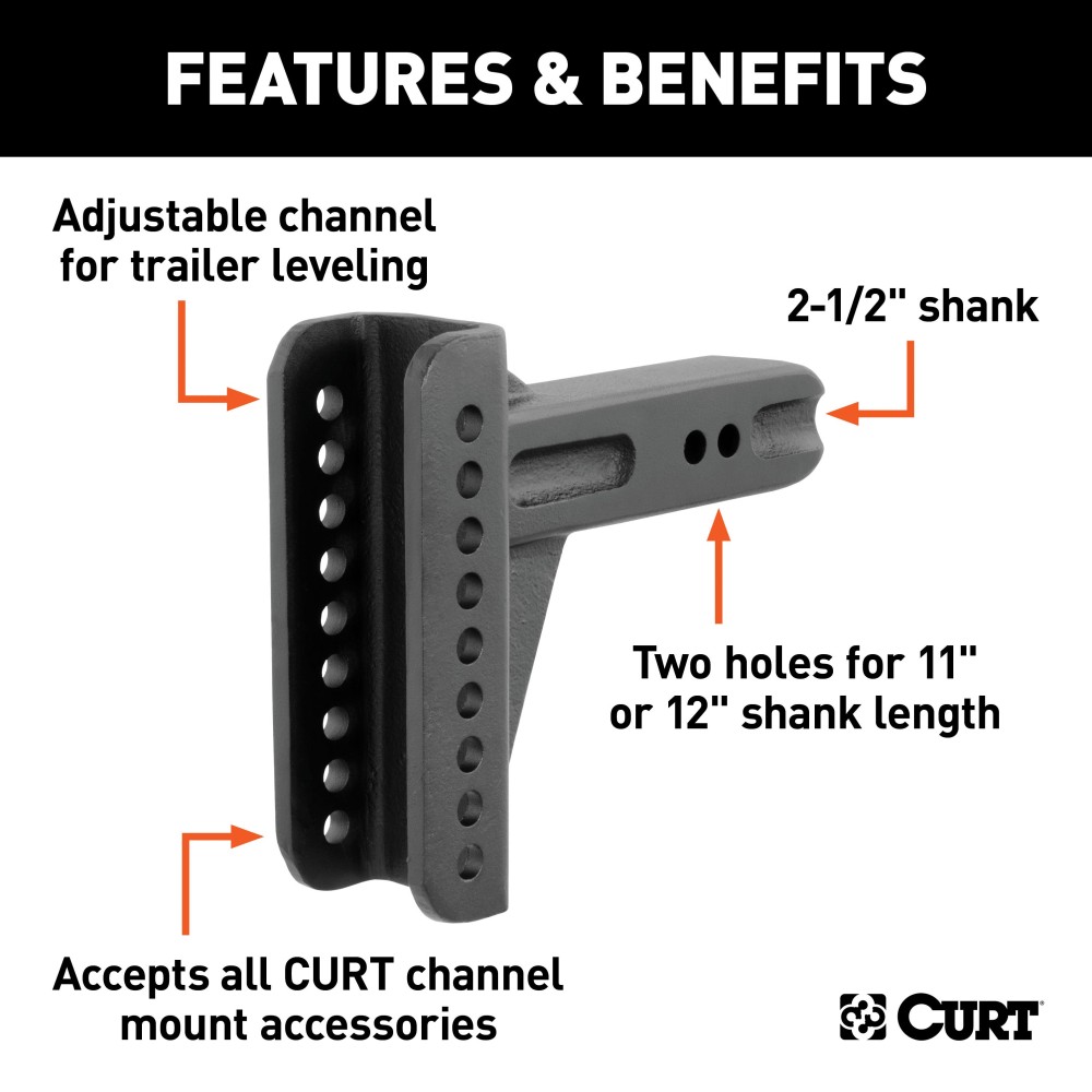 CURT Adjustable Channel Mount Replacement Shank - 2-1/2 Inch CURT adjustable channel mount replacement shank with 2-1/2 inch sizing and durable finish