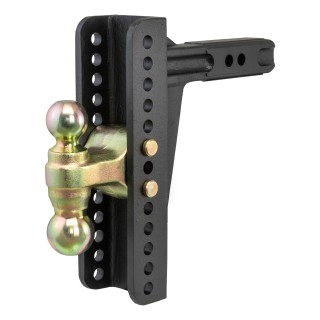 CURT adjustable ball mount featuring dual ball sizes and anti-rattle design for versatile towing with rust-resistant finish.