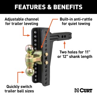 CURT adjustable ball mount featuring dual ball sizes and anti-rattle design for versatile towing with rust-resistant finish.