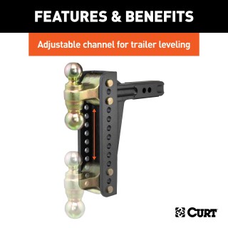 CURT adjustable ball mount featuring dual ball sizes and anti-rattle design for versatile towing with rust-resistant finish.