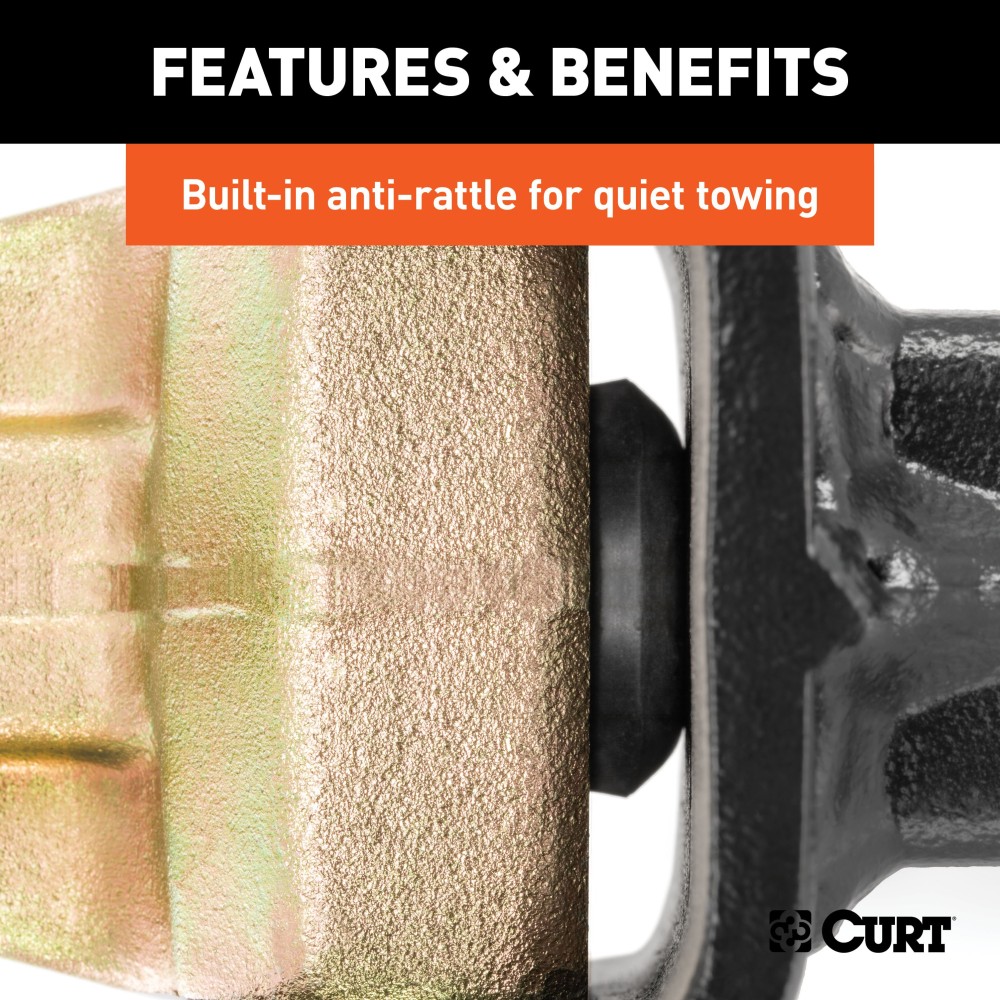 CURT adjustable ball mount featuring dual ball sizes and anti-rattle design for versatile towing with rust-resistant finish.