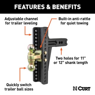 CURT Adjustable Ball Mount with Dual Ball and Anti-Rattle Feature CURT adjustable ball mount showing dual hitch balls and anti-rattle design.