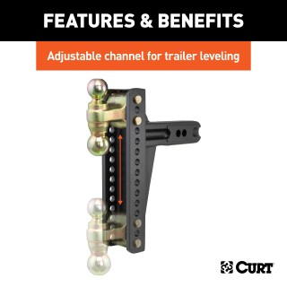 CURT Adjustable Ball Mount with Dual Ball and Anti-Rattle Feature CURT adjustable ball mount showing dual hitch balls and anti-rattle design.