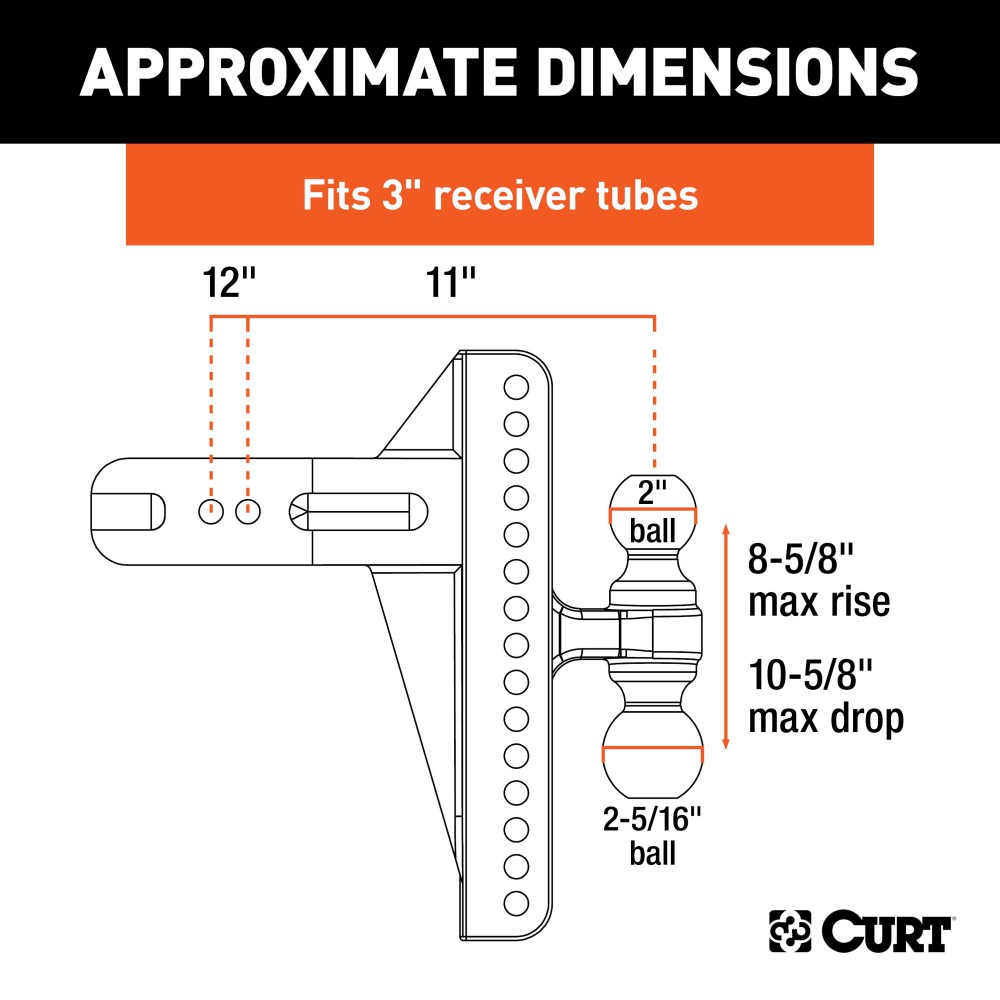 CURT Adjustable Deep Drop Channel-Style Ball Mount with Dual Balls CURT adjustable ball mount with 3-inch shank, dual ball sizes for versatile towing.