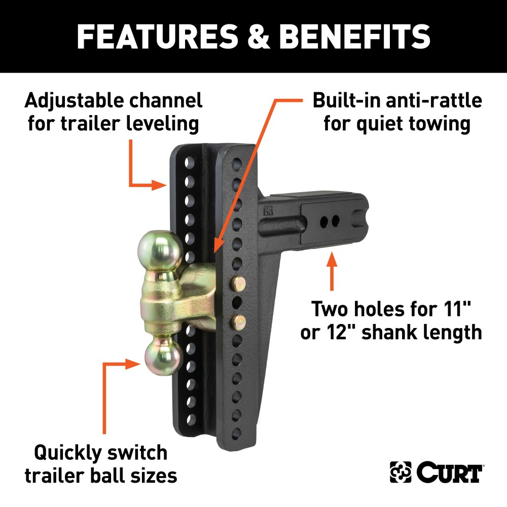 CURT Adjustable Deep Drop Channel-Style Ball Mount with Dual Balls CURT adjustable ball mount with 3-inch shank, dual ball sizes for versatile towing.