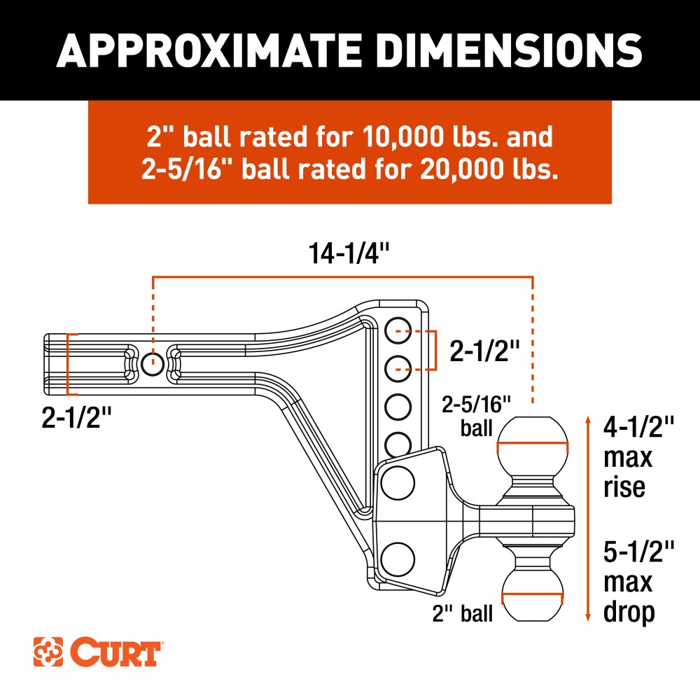 CURT Adjustable Trailer Hitch Ball Mount with Dual Ball 20,000 lbs CURT trailer hitch ball mount with dual ball, steel construction, adjustable height, anti-rattle technology, two ball sizes