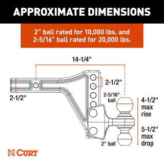 CURT Adjustable Trailer Hitch Ball Mount with Dual Ball 20,000 lbs CURT trailer hitch ball mount with dual ball, steel construction, adjustable height, anti-rattle technology, two ball sizes