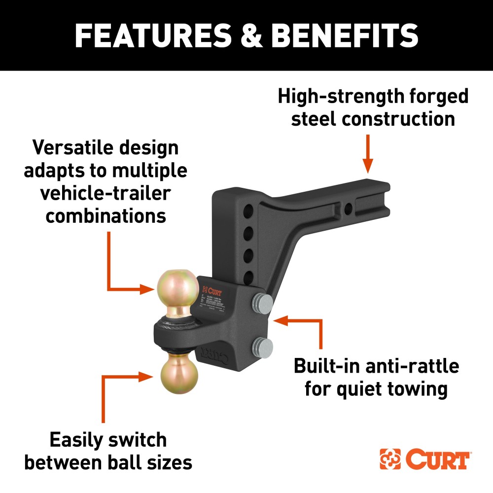 CURT Adjustable Trailer Hitch Ball Mount with Dual Ball 20,000 lbs CURT trailer hitch ball mount with dual ball, steel construction, adjustable height, anti-rattle technology, two ball sizes
