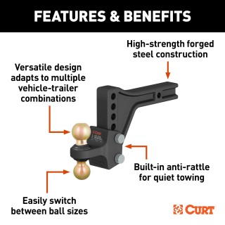 CURT Adjustable Trailer Hitch Ball Mount with Dual Ball 20,000 lbs CURT trailer hitch ball mount with dual ball, steel construction, adjustable height, anti-rattle technology, two ball sizes