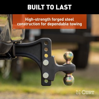 CURT Adjustable Trailer Hitch Ball Mount with Dual Ball 20,000 lbs CURT trailer hitch ball mount with dual ball, steel construction, adjustable height, anti-rattle technology, two ball sizes