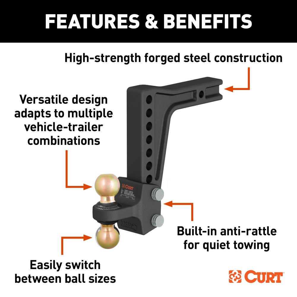 CURT Adjustable Trailer Hitch Ball Mount with Dual Ball CURT adjustable trailer hitch with dual ball mount for safe towing