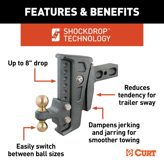 CURT Rebellion XD Cushion Hitch Ball Mount with ShockDrop Technology CURT Rebellion XD adjustable cushion hitch ball mount with ShockDrop technology for smoother towing.
