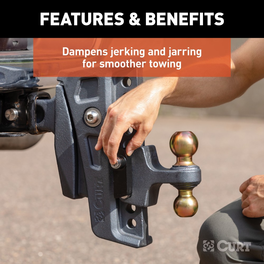 CURT Rebellion XD Cushion Hitch Ball Mount with ShockDrop Technology CURT Rebellion XD adjustable cushion hitch ball mount with ShockDrop technology for smoother towing.