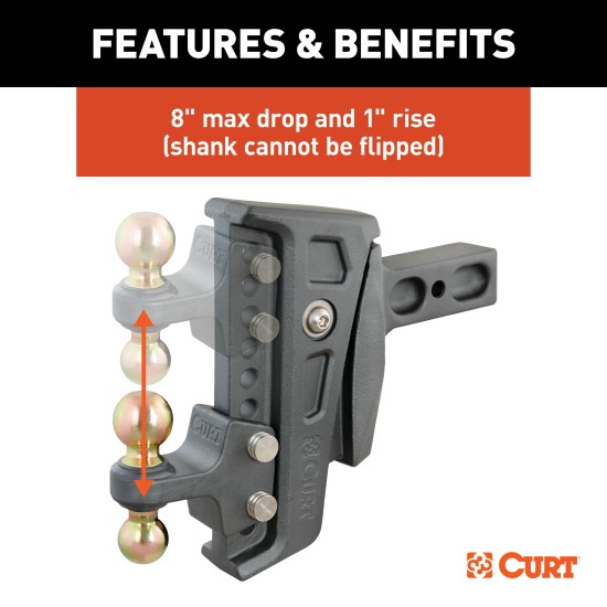CURT Rebellion XD Cushion Hitch Ball Mount with ShockDrop Technology CURT Rebellion XD adjustable cushion hitch ball mount with ShockDrop technology for smoother towing.