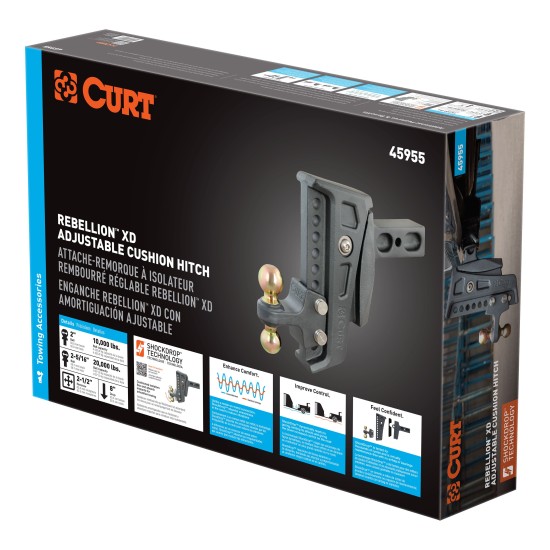 CURT Rebellion XD Cushion Hitch Ball Mount with ShockDrop Technology CURT Rebellion XD adjustable cushion hitch ball mount with ShockDrop technology for smoother towing.