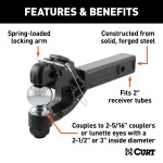 CURT Combo Ball and Pintle Hitch for 2 Inch Receiver Towing CURT combination ball and pintle hitch with black powder coat and chrome finish.