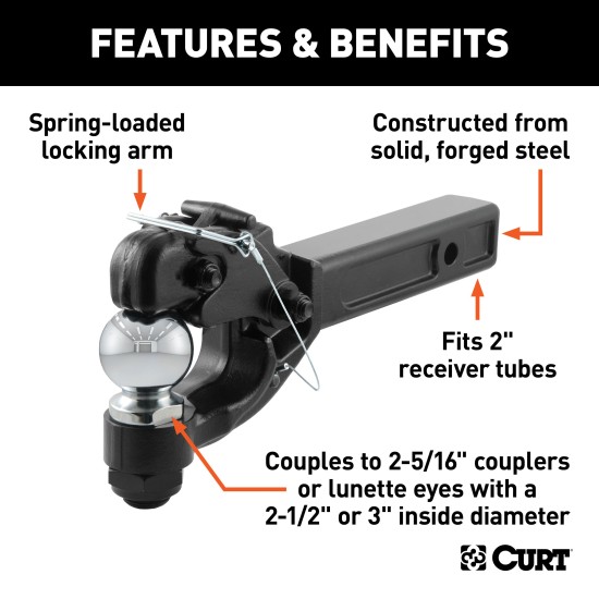 CURT Combo Ball and Pintle Hitch for 2 Inch Receiver Towing CURT combination ball and pintle hitch with black powder coat and chrome finish.