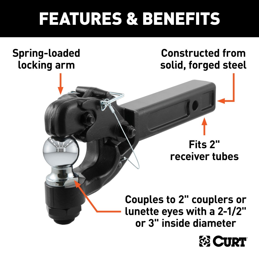 CURT Combination Ball and Pintle Hitch with 2 Inch Receiver CURT combo ball and pintle hitch with black powder coat and chrome ball