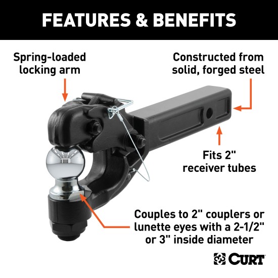 CURT Combination Ball and Pintle Hitch with 2 Inch Receiver CURT combo ball and pintle hitch with black powder coat and chrome ball