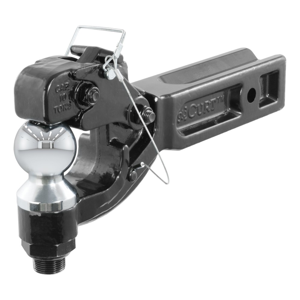 CURT Heavy-Duty Combination Ball and Pintle Hitch for Secure Towing CURT combination ball and pintle hitch with powder coat and chrome finish, fits 2-1/2 inch receiver, 20,000 lbs capacity.