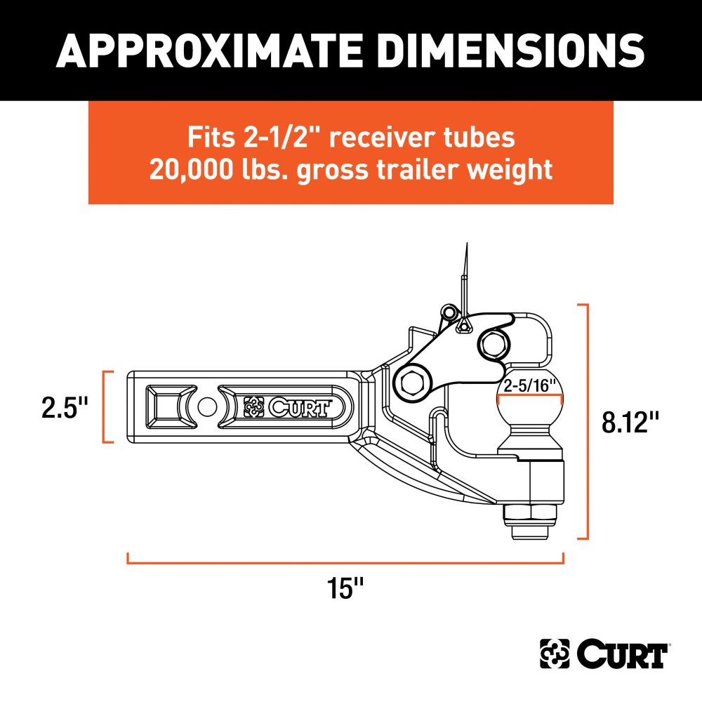 CURT Heavy-Duty Combination Ball and Pintle Hitch for Secure Towing CURT combination ball and pintle hitch with powder coat and chrome finish, fits 2-1/2 inch receiver, 20,000 lbs capacity.