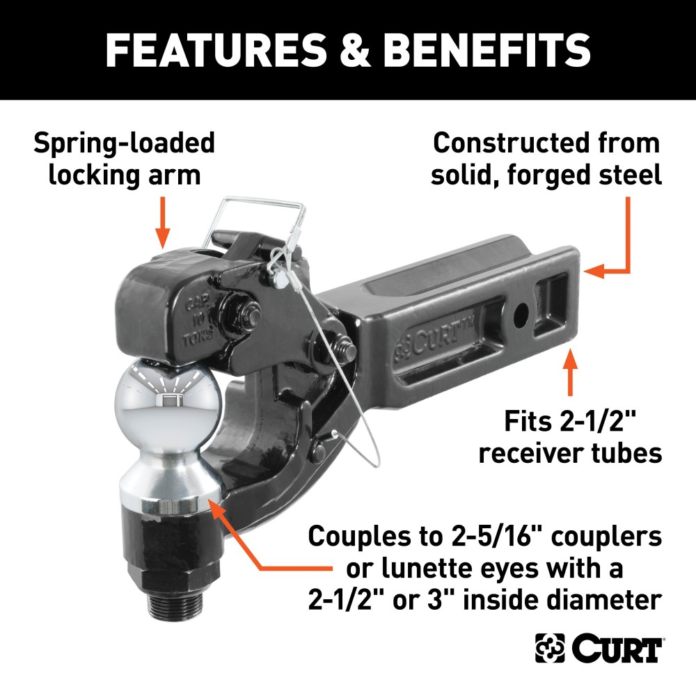 CURT Heavy-Duty Combination Ball and Pintle Hitch for Secure Towing CURT combination ball and pintle hitch with powder coat and chrome finish, fits 2-1/2 inch receiver, 20,000 lbs capacity.
