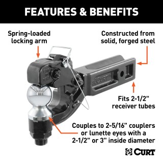 CURT Heavy-Duty Combination Ball and Pintle Hitch for Secure Towing CURT combination ball and pintle hitch with powder coat and chrome finish, fits 2-1/2 inch receiver, 20,000 lbs capacity.